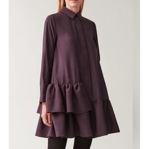 COS Frilled Shirt Dress Ruffle-Hem Pockets Long Sleeve Eggplant Size 2